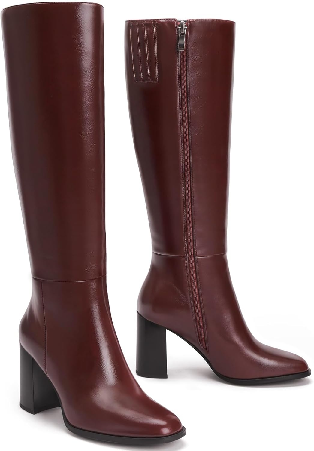 image:imageLumeheel Women Knee High Boots Round Toe Chunky Heel Boots Gogo Boots with Side Zip Fashion Tall Boots for WomenBurgundy