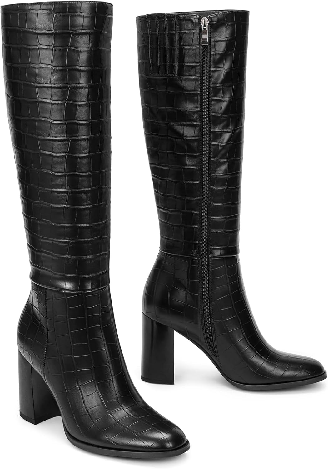 image:imageLumeheel Women Knee High Boots Round Toe Chunky Heel Boots Gogo Boots with Side Zip Fashion Tall Boots for WomenCrocodile Black