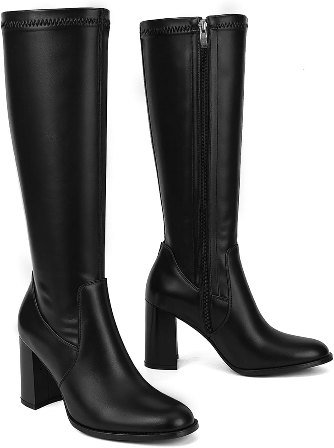 image:imageLumeheel Women Knee High Boots Round Toe Chunky Heel Boots Gogo Boots with Side Zip Fashion Tall Boots for WomenStretchy Black