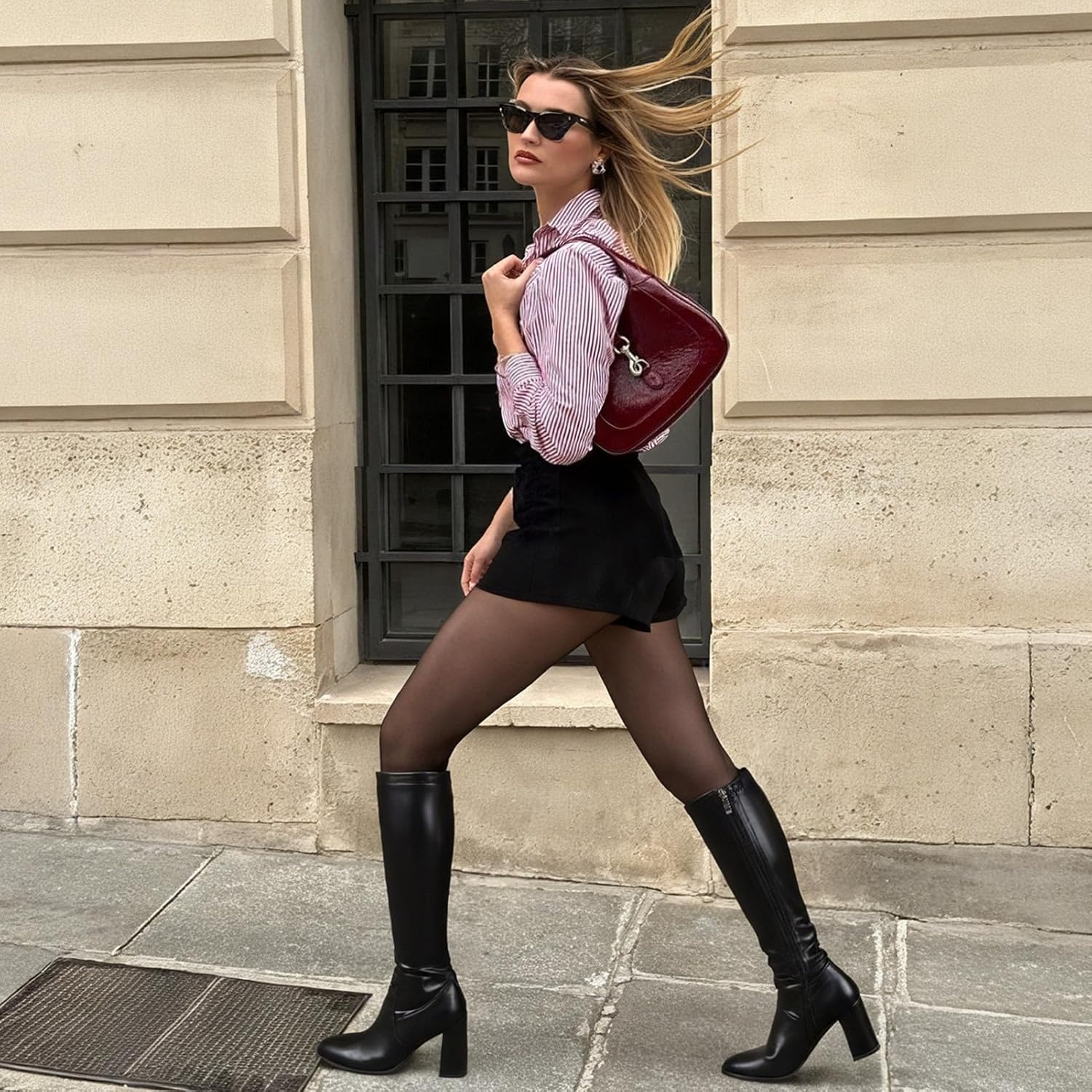 image:imageLumeheel Women Knee High Boots Round Toe Chunky Heel Boots Gogo Boots with Side Zip Fashion Tall Boots for WomenStretchy Black