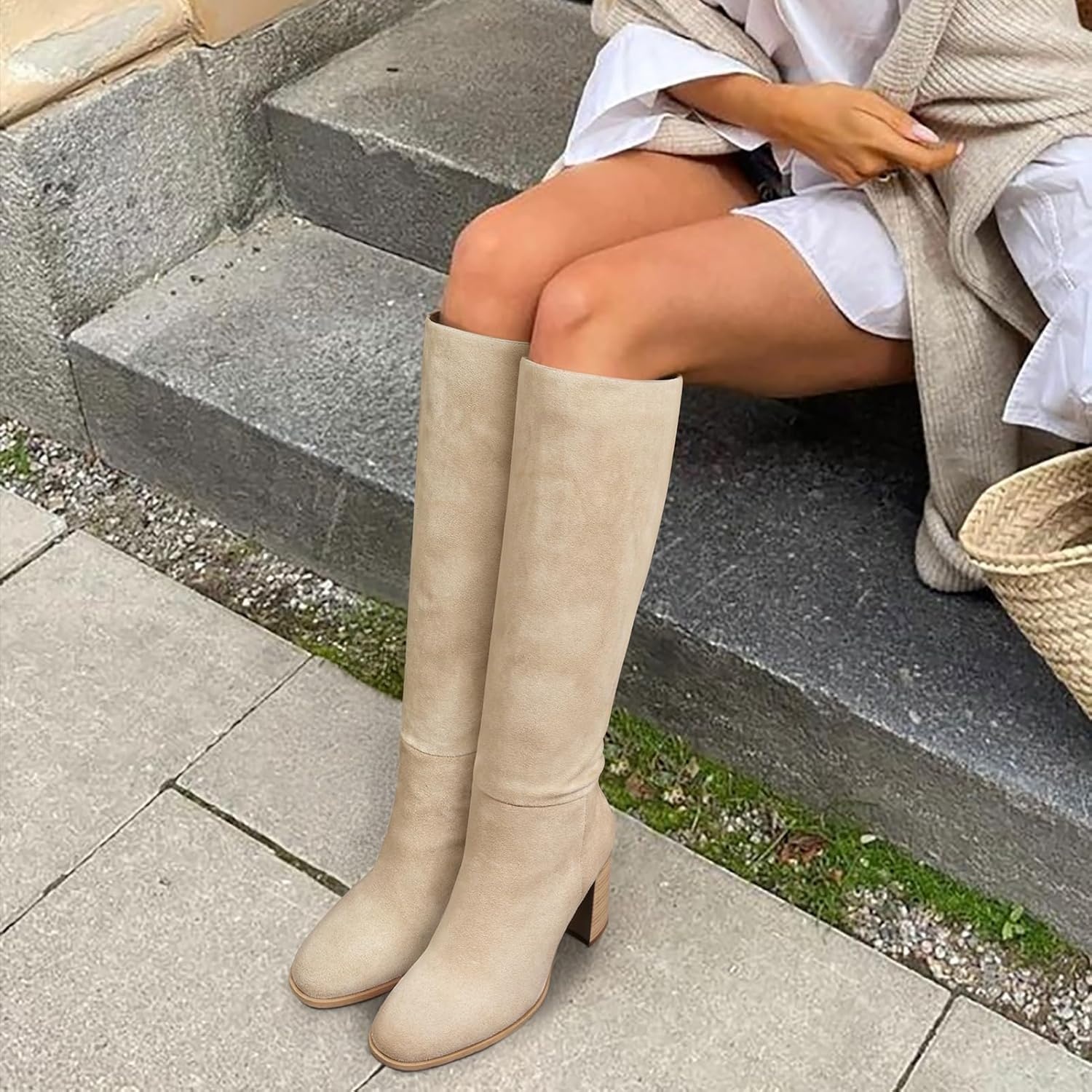 image:imageLumeheel Women Knee High Boots Round Toe Chunky Heel Boots Gogo Boots with Side Zip Fashion Tall Boots for WomenSuede Beige