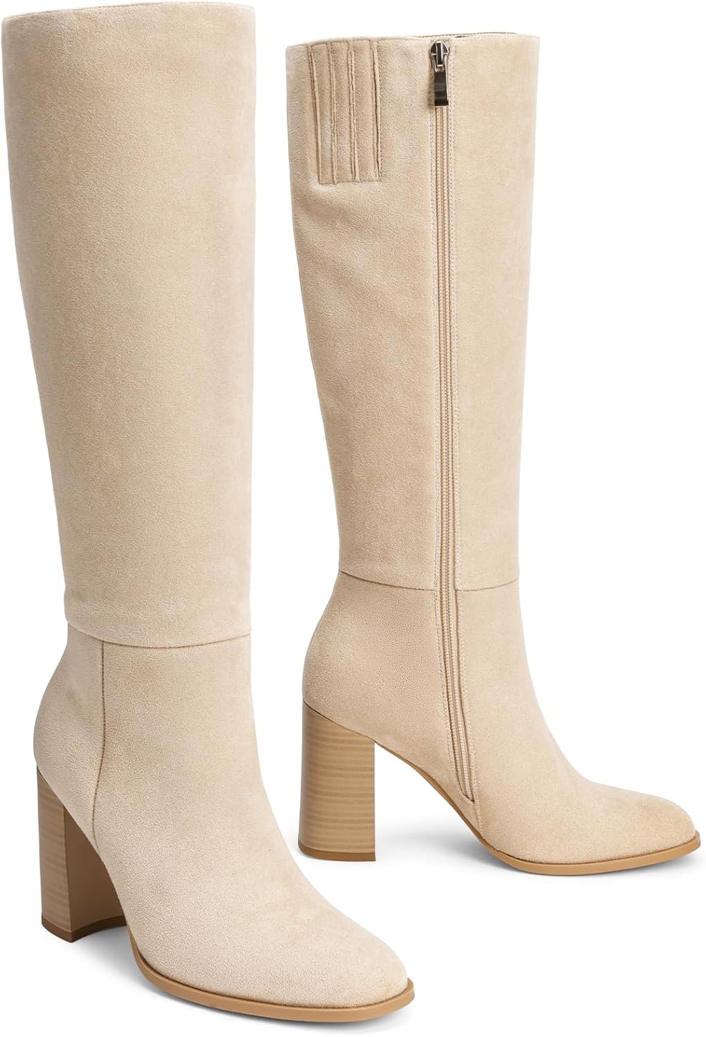 image:imageLumeheel Women Knee High Boots Round Toe Chunky Heel Boots Gogo Boots with Side Zip Fashion Tall Boots for WomenSuede Beige