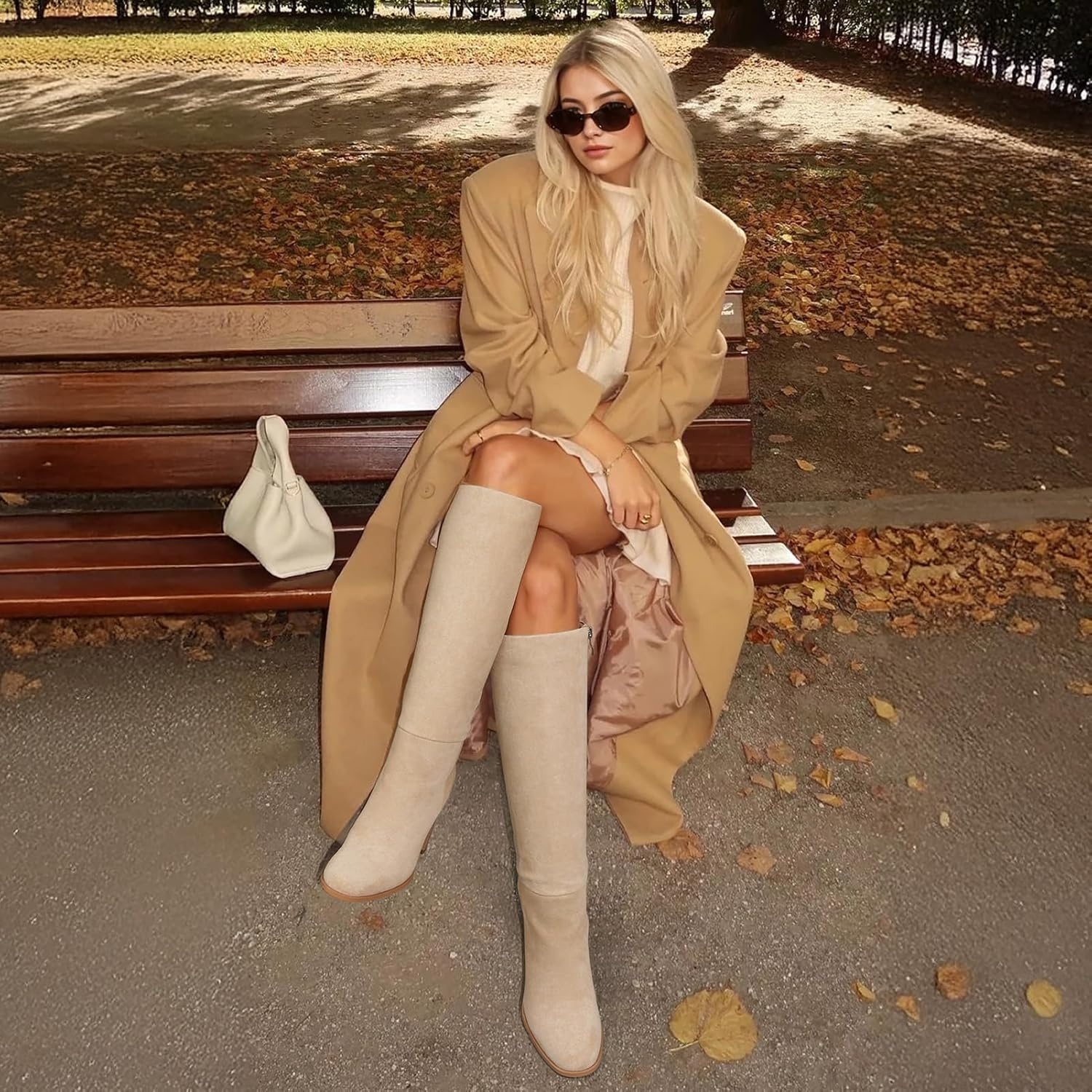 image:imageLumeheel Women Knee High Boots Round Toe Chunky Heel Boots Gogo Boots with Side Zip Fashion Tall Boots for WomenSuede Beige