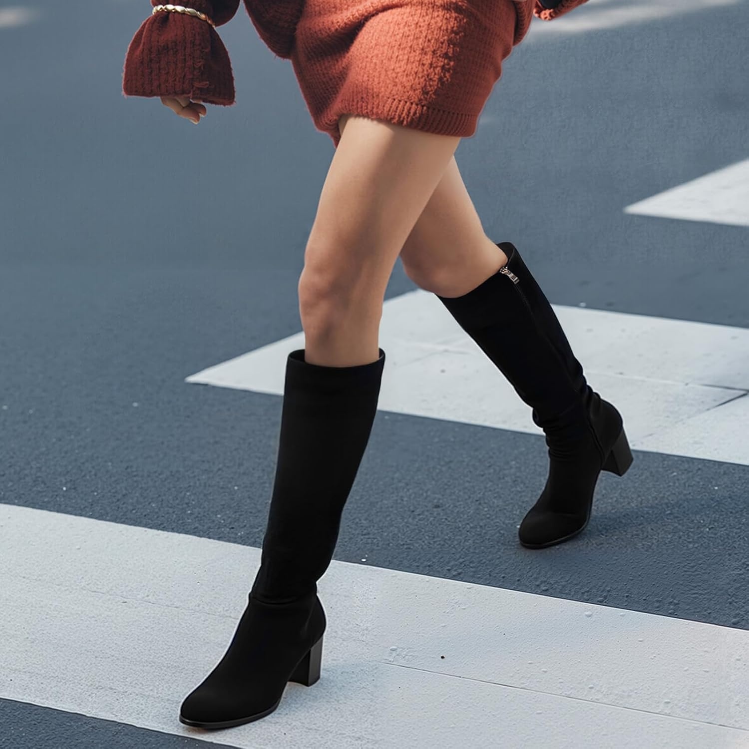 image:imageLumeheel Women Knee High Boots Round Toe Chunky Heel Boots Gogo Boots with Side Zip Fashion Tall Boots for WomenSuede Black