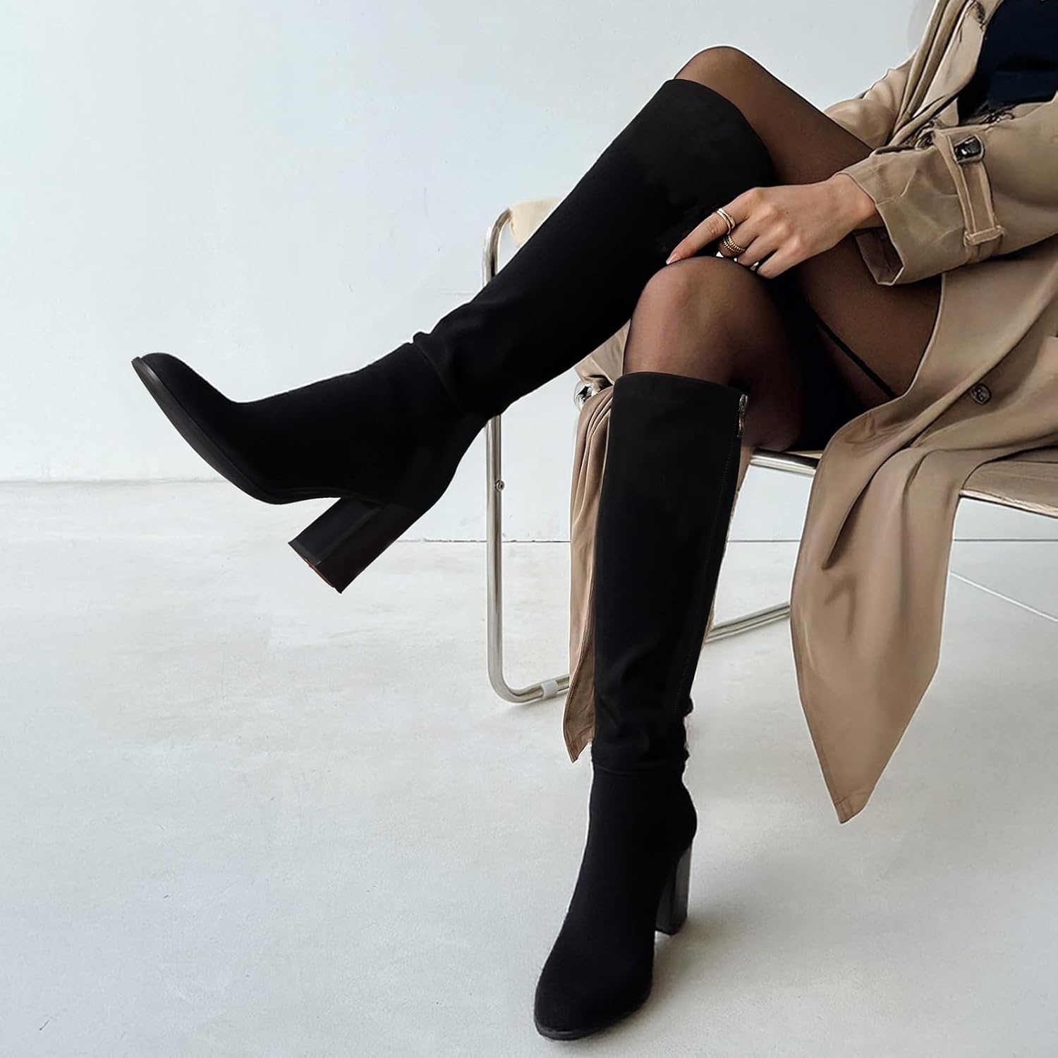 image:imageLumeheel Women Knee High Boots Round Toe Chunky Heel Boots Gogo Boots with Side Zip Fashion Tall Boots for WomenSuede Black