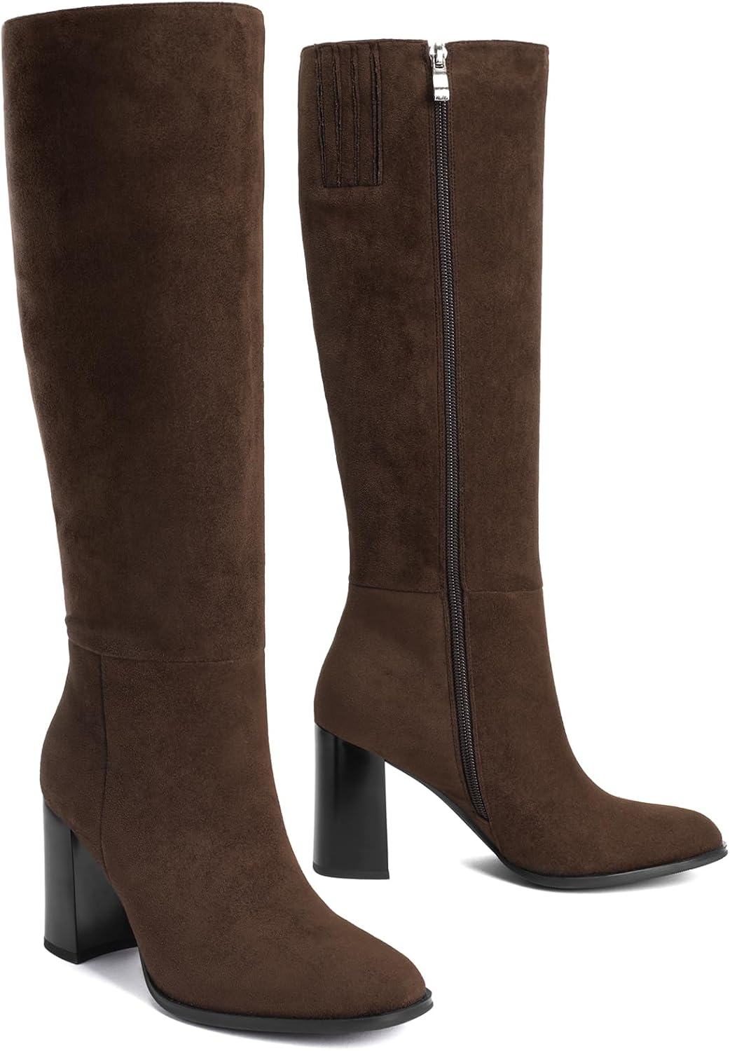 image:imageLumeheel Women Knee High Boots Round Toe Chunky Heel Boots Gogo Boots with Side Zip Fashion Tall Boots for WomenSuede Brown