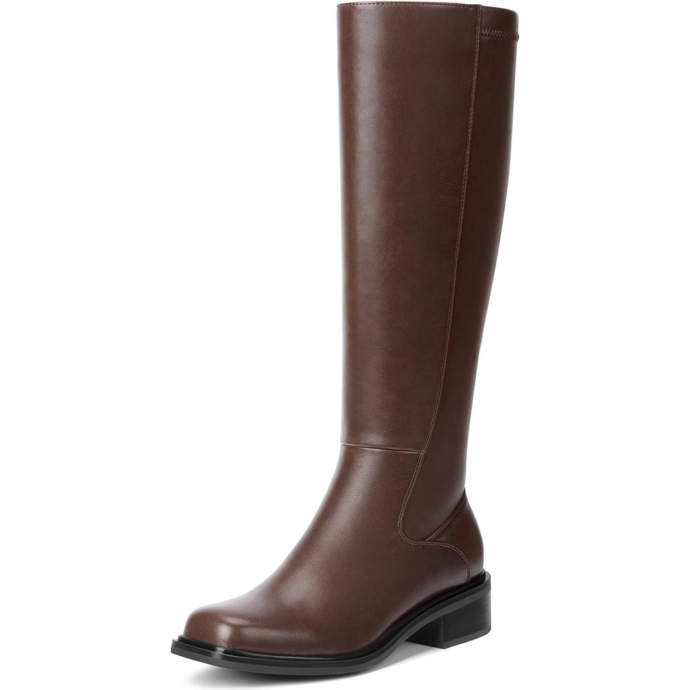image:imageLumeheel Black Knee High Boots for Women Low Heel Square Toe Fall Tall Boots with Side ZipperBrown