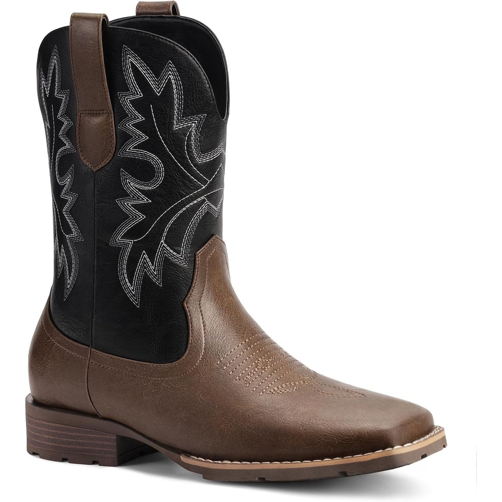 image:imageLumeheel Cowboy Boots for Men Western Mens Boots with Classic Embroidered Slip on Square Toe Boots Slip Resistant Country Boots Chunky Heel Ankle Durable Short Boots for Spring FallBlack Brown