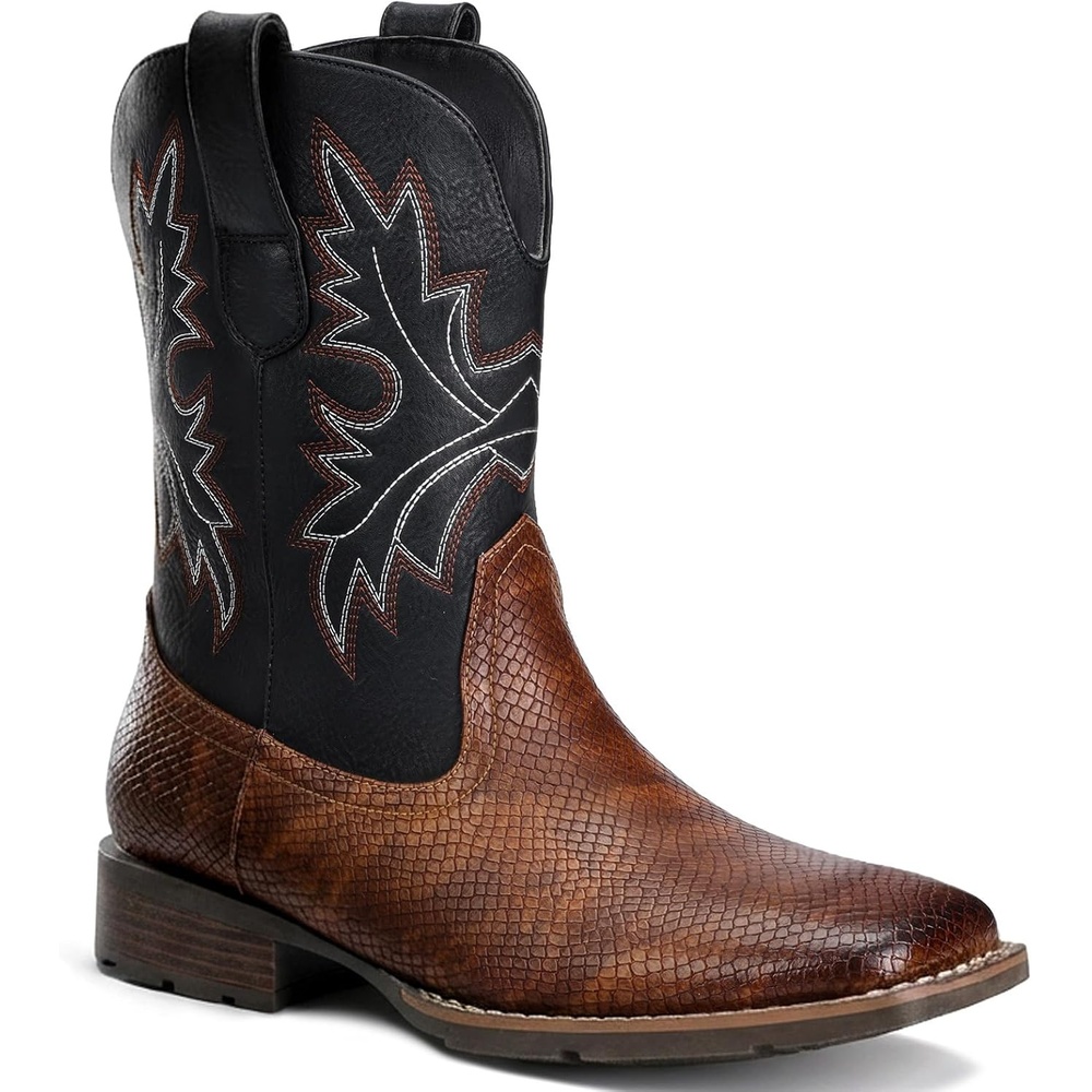 image:imageLumeheel Cowboy Boots for Men Western Mens Boots with Classic Embroidered Slip on Square Toe Boots Slip Resistant Country Boots Chunky Heel Ankle Durable Short Boots for Spring FallSnakeskin Brown
