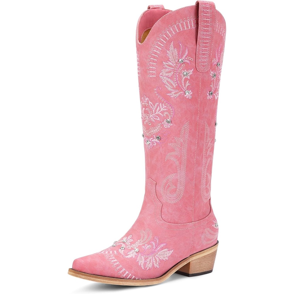 image:imageLumeheel Cowboy Boots for Women Knee High Western Cowgirl Boots Sparkly Rhinestone Retro Country Boots with Classic Embroidered Pointed Toe Chunky Heel Pull on Zipper Fashion Vintage Tall BootsPink