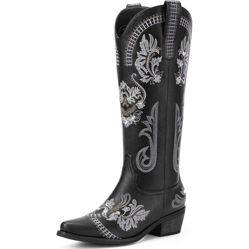 image:imageLumeheel Cowboy Boots for Women Knee High Western Cowgirl Boots Sparkly Rhinestone Retro Country Boots with Classic Embroidered Pointed Toe Chunky Heel Pull on Zipper Fashion Vintage Tall BootsBlack