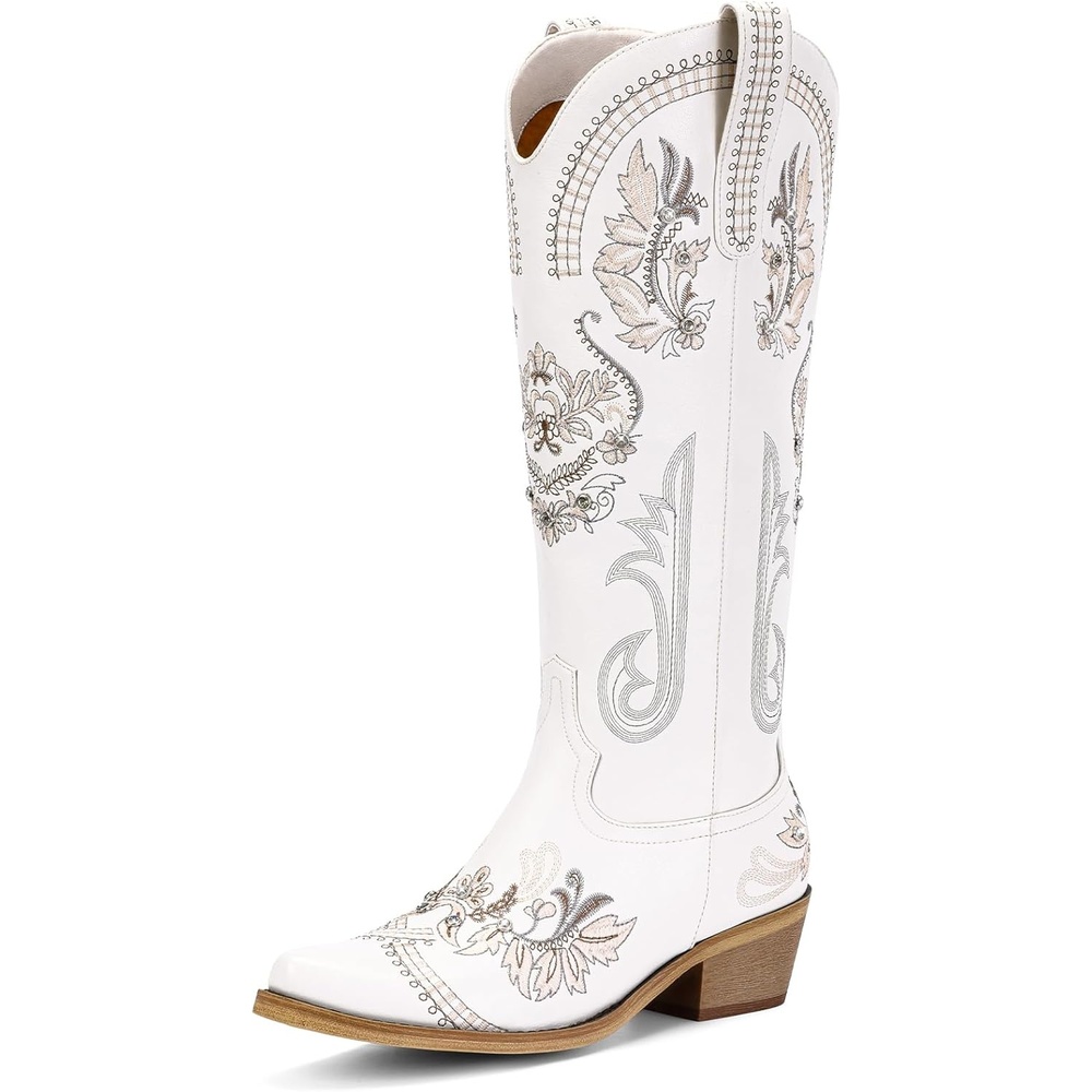 image:imageLumeheel Cowboy Boots for Women Knee High Western Cowgirl Boots Sparkly Rhinestone Retro Country Boots with Classic Embroidered Pointed Toe Chunky Heel Pull on Zipper Fashion Vintage Tall BootsWhite