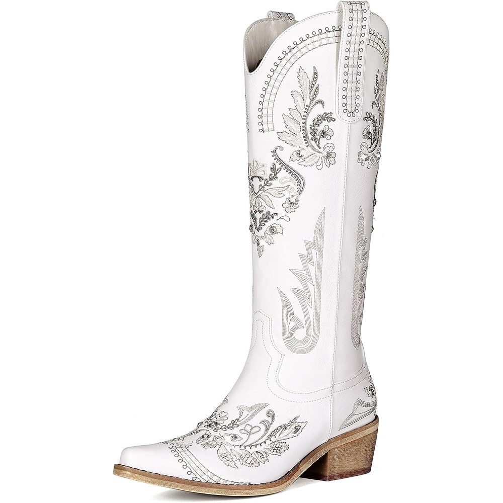 image:imageLumeheel Cowboy Boots for Women Knee High Western Cowgirl Boots Sparkly Rhinestone Retro Country Boots with Classic Embroidered Pointed Toe Chunky Heel Pull on Zipper Fashion Vintage Tall BootsIvory White