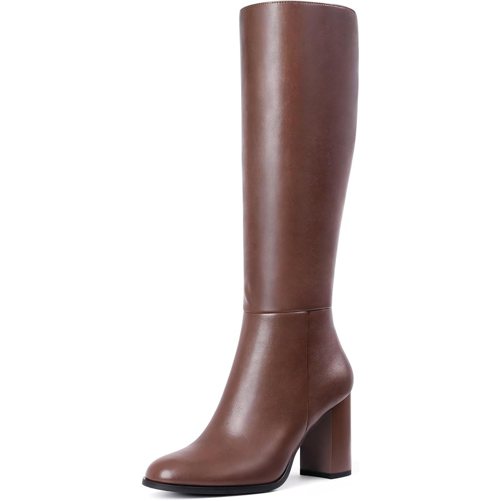 image:imageLumeheel Women Knee High Boots Round Toe Chunky Heel Boots Gogo Boots with Side Zip Fashion Tall Boots for WomenBrown