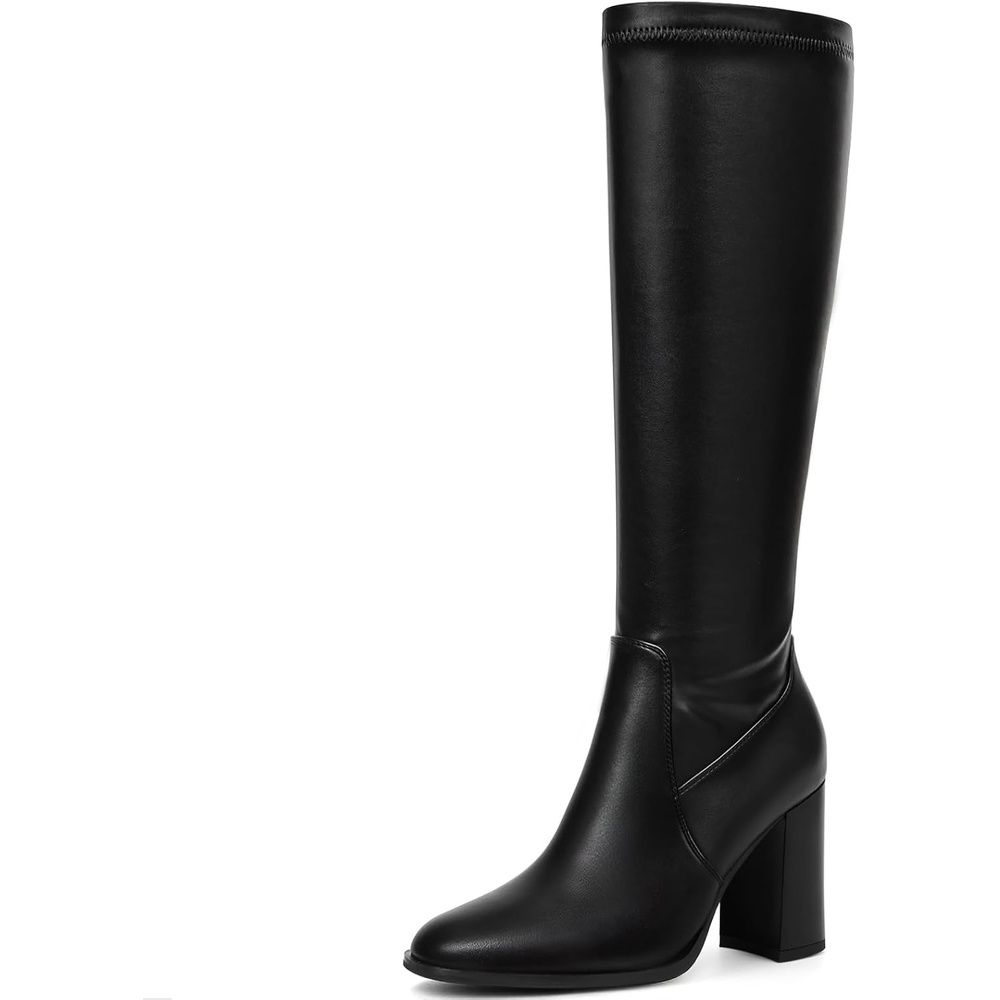 image:imageLumeheel Women Knee High Boots Round Toe Chunky Heel Boots Gogo Boots with Side Zip Fashion Tall Boots for WomenStretchy Black
