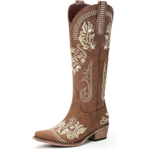 image:imageLumeheel Cowboy Boots for Women  Knee High Western Cowgirl Boots Sparkly Rhinestone Retro Country Boots with Classic Embroidered Pointed Toe Chunky Heel Pull on Zipper Fashion Vintage Tall BootsBrown