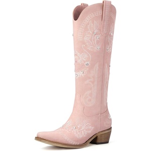image:imageLumeheel Cowboy Boots for Women  Knee High Western Cowgirl Boots Sparkly Rhinestone Retro Country Boots with Classic Embroidered Pointed Toe Chunky Heel Pull on Zipper Fashion Vintage Tall BootsLight Pink