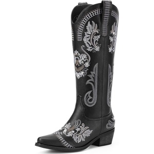 image:imageLumeheel Cowboy Boots for Women  Knee High Western Cowgirl Boots Sparkly Rhinestone Retro Country Boots with Classic Embroidered Pointed Toe Chunky Heel Pull on Zipper Fashion Vintage Tall BootsBlack