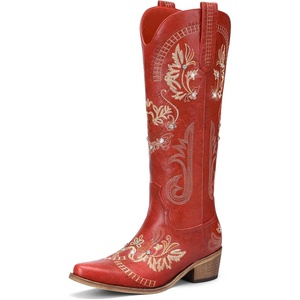 image:imageLumeheel Cowboy Boots for Women  Knee High Western Cowgirl Boots Sparkly Rhinestone Retro Country Boots with Classic Embroidered Pointed Toe Chunky Heel Pull on Zipper Fashion Vintage Tall BootsRed