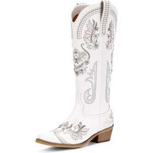 image:imageLumeheel Cowboy Boots for Women  Knee High Western Cowgirl Boots Sparkly Rhinestone Retro Country Boots with Classic Embroidered Pointed Toe Chunky Heel Pull on Zipper Fashion Vintage Tall BootsWhite