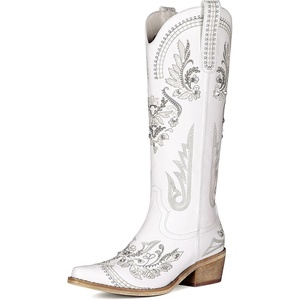 image:imageLumeheel Cowboy Boots for Women  Knee High Western Cowgirl Boots Sparkly Rhinestone Retro Country Boots with Classic Embroidered Pointed Toe Chunky Heel Pull on Zipper Fashion Vintage Tall BootsIvory White