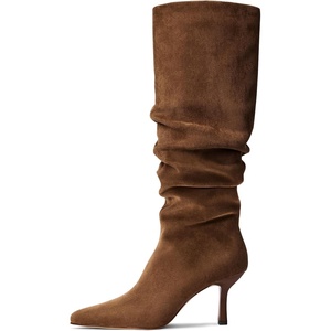image:imageLumeheel Knee High Boots for Women  Suede Ruched Womens Tall Boots with Pointed Toe Kitten Heel Pull On Zipper Slouch Fashion for Fall WinterBrown