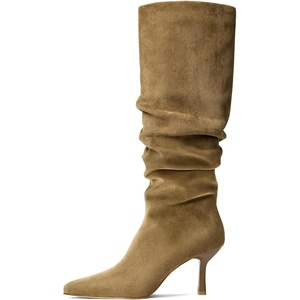 image:imageLumeheel Knee High Boots for Women  Suede Ruched Womens Tall Boots with Pointed Toe Kitten Heel Pull On Zipper Slouch Fashion for Fall WinterSandy Brown