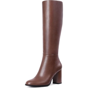 image:imageLumeheel Women Knee High Boots Round Toe Chunky Heel Boots Gogo Boots with Side Zip Fashion Tall Boots for WomenBrown