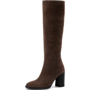 image:imageLumeheel Women Knee High Boots Round Toe Chunky Heel Boots Gogo Boots with Side Zip Fashion Tall Boots for WomenSuede Brown